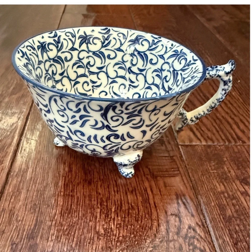Anthropologie Attingham Collection Blue White Fine Stoneware Footed Cup Planter